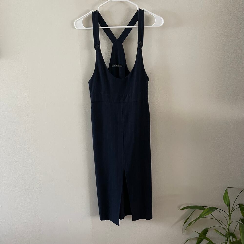 Zara Pinafore Midi Overalls Jumper Dress Medium Blue Red Pinstripe Casual Preppy